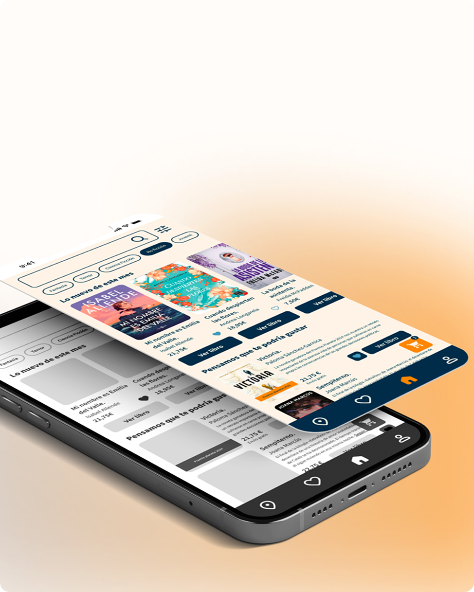 Mockup app de librería en móvil, vista alternativa